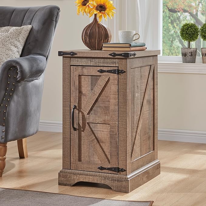 JXQTLINGMU Farmhouse Nightstand Set of 2 with Charging Station, 17"D Rectangular End Table with Barn Door & Adjustable Storage Shelf, Wood Rustic Sofa Side Table for Living Room, Bedroom, Light Brown-Ruum Studio Home