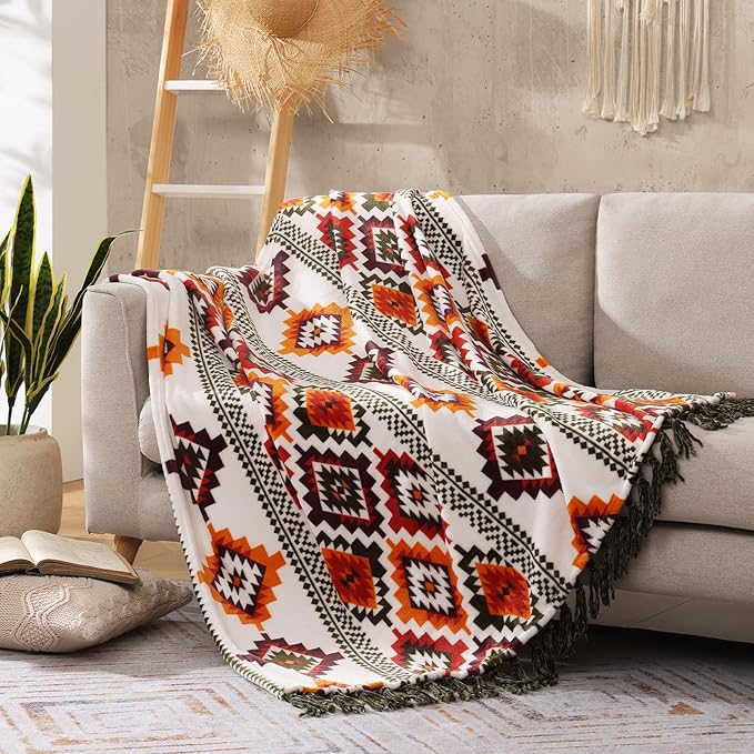 CASAAGUSTO Boho Throw Blanket - Orange and Green Decorative Blankets with Tassel, Printed Flannel Bohemian Blanket for Chair, Bed, Sofa, Couch(50 * 60, Orange and Green)-Ruum Studio Home