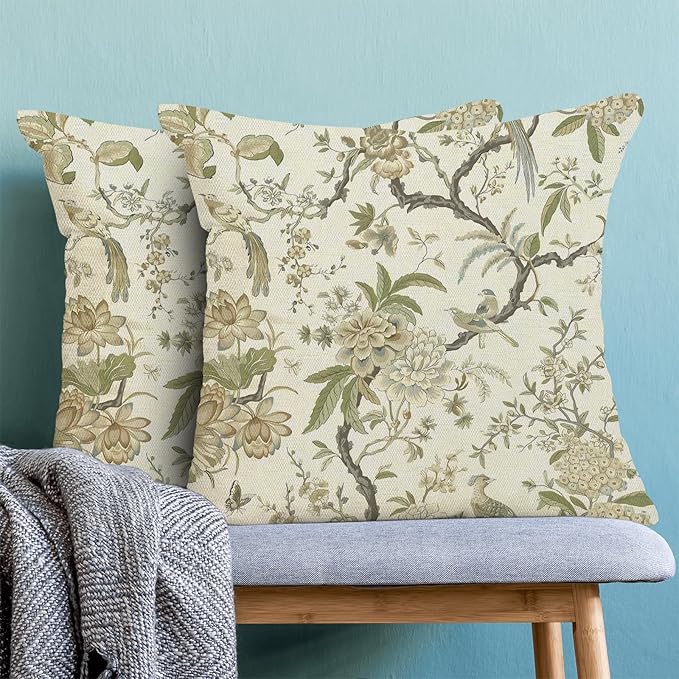 CXMEIFLY Spring Floral Birds Pillow Covers 18 x 18 Inch Set of 2 for Chinoiserie Flowers Decor Throw Pillows Sage Green Plant Outdoor Decorative Cushion Cases for Couch Bed Decorations-Ruum Studio Home