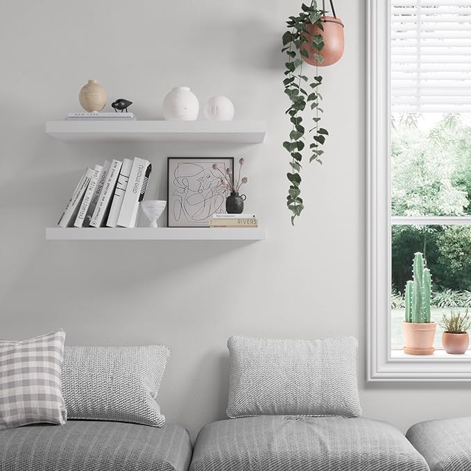 Floating Shelf, Set of 2 Wall Shelf, 24 in W x 12.75 in D x 2 in H Wooden Floating Wall Shelf with Invisible Brackets for Living Room/Bedroom/Bathroom/Kitchen Storage and Decor, White-Ruum Studio Home