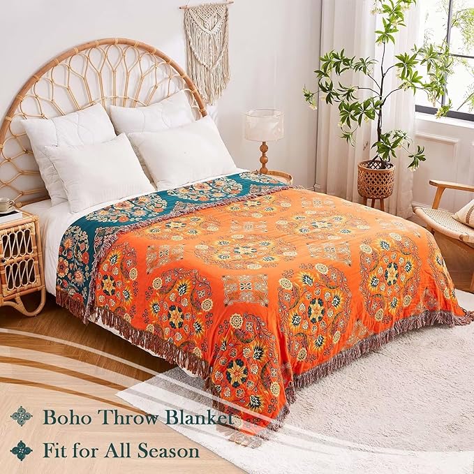 Boho Throw Blanket, 100% Cotton Ultra Soft Luxury Throw Rustic Quilt, 60"x80" Floral Printed Farmhouse Decor Bed Summer Blankets, All Season Rustic Reversible Bohemian Throw for Bed - Orange-Ruum Studio Home