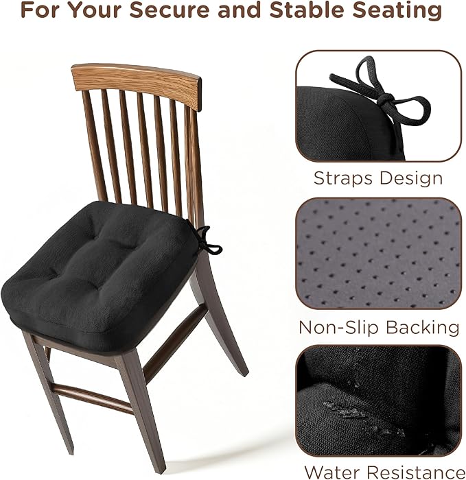 Codi Dining Chair Cushions 4 Pack, Thick Chairs Pads for Indoor Kitchen Room - Washable, Non-Slip Memory Foam Seat Cushion with Ties, 16.5"x16.5"x 3.5", Set of 4, Black-Ruum Studio Home