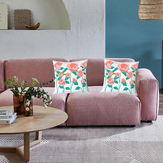 Embroidered Decorative Throw Pillow Cover, 18"x18" Set of 2, Farmhouse Pillowcase Pink Rose Knit Pattern Cotton Canvas Cushion Case Square Floral Pillow Case for Sofa Couch Bed Living Room…-Ruum Studio Home