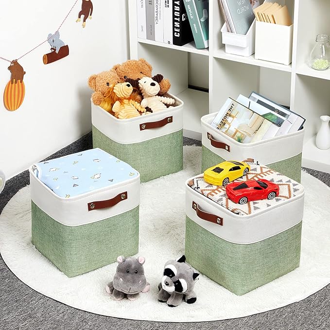 DULLEMELO Storage Baskets for Organizing, Fabric Storage Cubes for Dog Toy Box, 11 Inch Decorative Cube Storage Bins with handle for Baby Gift Basket(4 Pack - 11" White&Green)-Ruum Studio Home