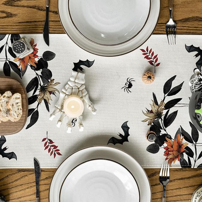Artoid Mode Pumpkin Ghost Leaves Spider Web 210 GSM Halloween Table Runner, Spooky Kitchen Dining Table Decoration for Home Party Decor 13x108 Inch-Ruum Studio Home