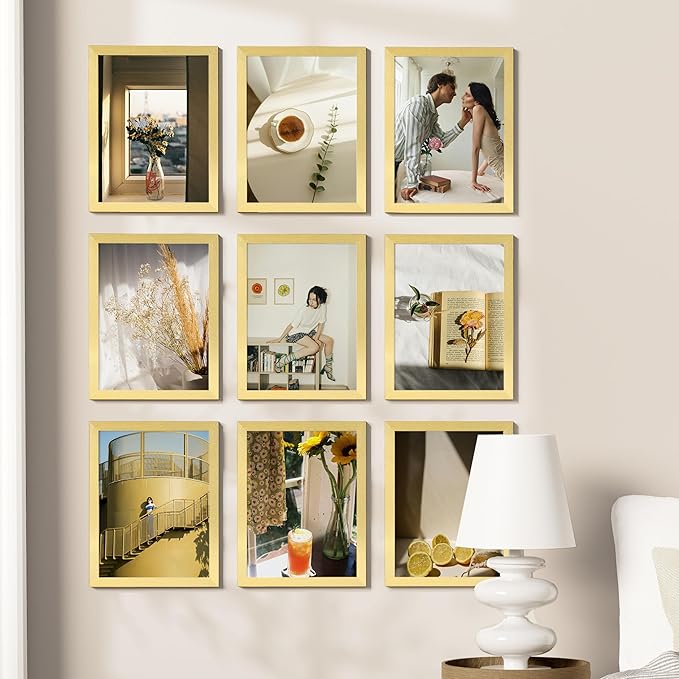 Vittanly 9x12 Picture Frames Set of 9, Shatter Resistant Plexiglass, Display 6x8 Pictures with Mat or 9x12 without Mat, Photo Frames for Wall or Tabletop, Engineered Wood, Gold-Ruum Studio Home