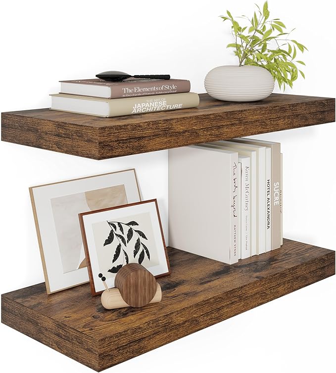 12" Deep Floating Shelves for Wall 24 Inches Long, Heavy Duty Wall Shelves for Bedroom Bathroom Kitchen Laundry Room, Farmhouse Rustic Shelves for Home Decor, 24" X 12" X 2" Set Of 2, Rustic Brown-Ruum Studio Home