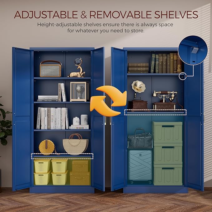 71" Metal Pantry Cabinet, Tall Kitchen Pantry Storage Cabinet with 4 Adjustable Shelves and Gold Handles, Blue Cupboard for Kitchen, Dining Room, Living Room-Ruum Studio Home