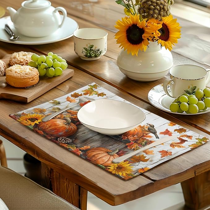 Fall Placemats 12x18 Inch Set of 4 Pumpkin Maple Leaves Sunflower Bird Linen Place Mat Burnt Orange Autumn Thanksgiving Harvest Table Mats for Party Kitchen Dining Decoration-Ruum Studio Home