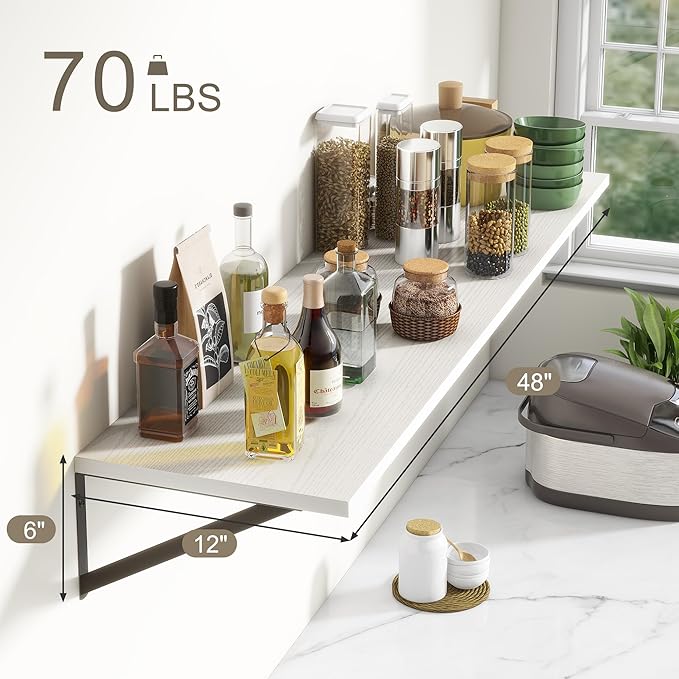 12 Inch Deep Floating Shelves, White Floating Shelves 48W x 12D, Deep Wall Shelves Bracket Set of 2, Large Display Hanging Floating Shelf for Bathroom, Living Room, Wide Storage Wooden Wall Shelf-Ruum Studio Home