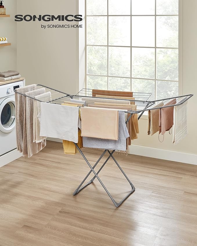 SONGMICS Clothes Drying Rack, Metal Laundry Drying Rack, Foldable, Space-Saving, Free-Standing Airer, with 4 Gullwings, Indoor Outdoor Use, Bed Linen Clothing, Gray ULLR541G01-Ruum Studio Home