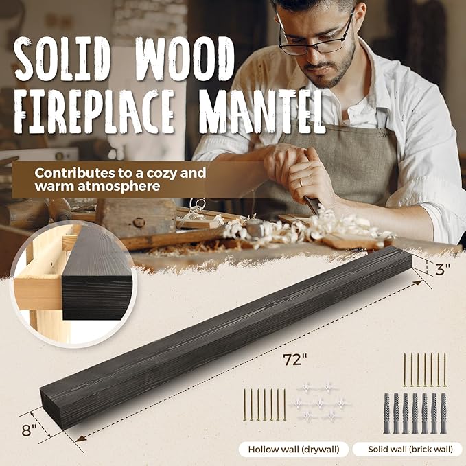 72x8x3 Fireplace Mantel - Handcrafted Hollow Rustic Solid Wood Wall Mounted Floating Shelf with Invisible Heavy Duty Wood Bracket (Weathered Black)-Ruum Studio Home