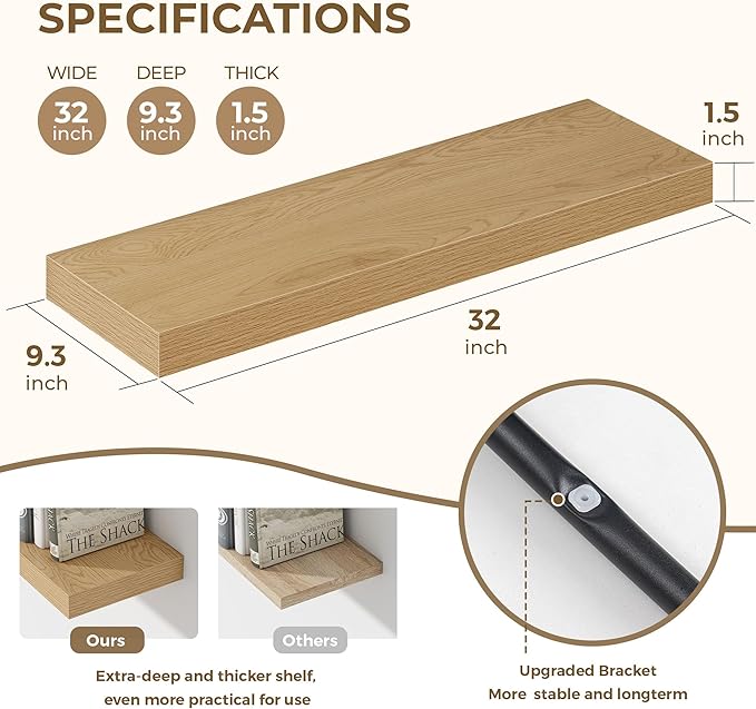 Dreamland 32 Inches Floating Shelves for Wall, 9.3" Deep Long Floating Shelves Set of 2, Large Display & Storage Shelf, Wall Shelf for Bathroom Bedroom Living Room Kitchen Office, Oak-Ruum Studio Home