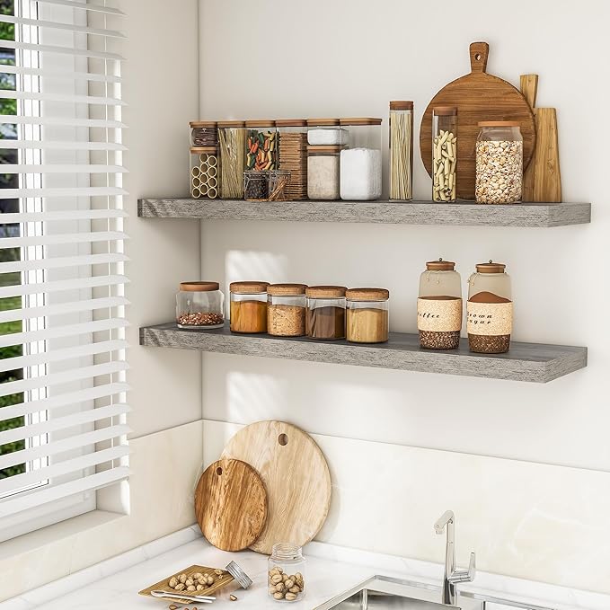 RICHFOCUS 48Inch Floating Shelves for Wall 2 Pack Shelves for Bedroom|Kitchen|Bathroom Wall Mounted Rustic Wood Floating Shelf with Invisible Brackets for Books|Storage|Decor, Grey-Ruum Studio Home