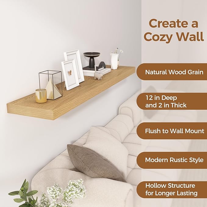 Fun Memories 55 Inch Floating Shelves, 12 Inch Deep Floating Shelf for Wall, 55 x 12 Large Floating Shelves for Fireplace Mantel, 2 Inch Thick Wall Shelf for Living Room, Bedroom, Oak Color, 1 Pack-Ruum Studio Home