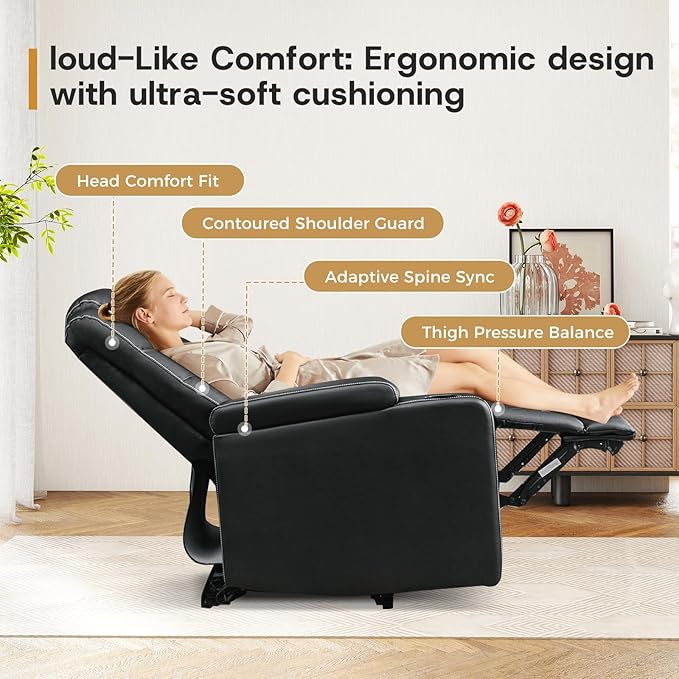 ANJ Power Recliner Chair with USB Port, Electric PU Leather Home Theater Seating for Living Room, Movie Reclining Chairs with Blue Ambient Lighting, Hidden Arm Storage, Cup Holders (Black)-Ruum Studio Home