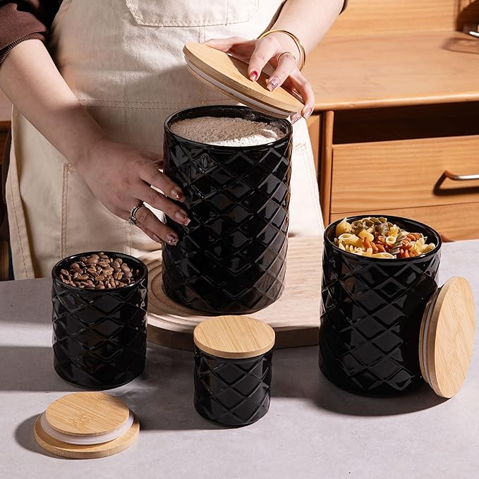 Sweejar Ceramic Canisters Sets for Kitchen Countertop, Relief Food Storage Jar with Bamboo Lid, Stackable Container for Flour, Coffee, Pasta, Cereal, Tea, Cookies, Sugar, Spices, Pack of 4 (Black)-Ruum Studio Home