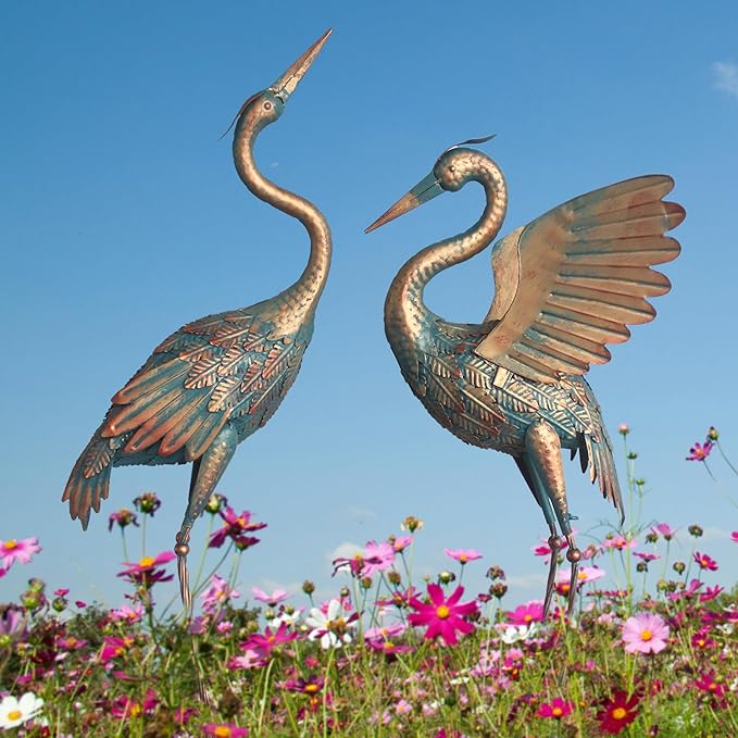 33-37 Inch Metal Crane Garden Statue Décor, Bird Heron Garden Sculpture & Statues, Outdoor Decoration for Yard Pond Lawn Backyard Pool, Vintage Spread Wings Crane, Set of 2 Copper…-Ruum Studio Home