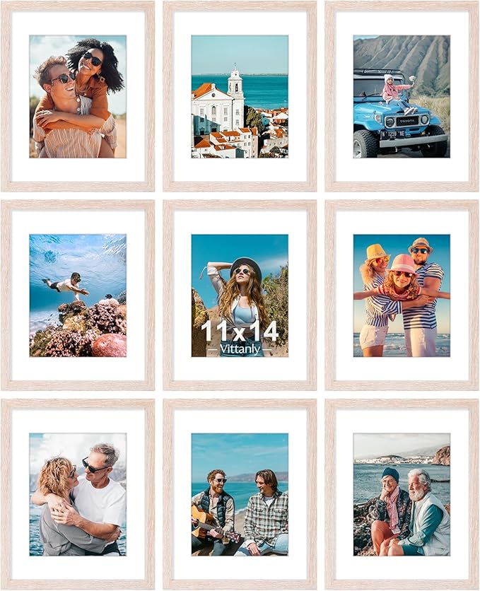 Vittanly 11x14 Picture Frames Set of 9, Shatter Resistant Plexiglass, Display 8x10 Pictures with Mat or 11x14 without Mat, Photo Frames for Wall or Tabletop, Engineered Wood, Rustic Pink-Ruum Studio Home