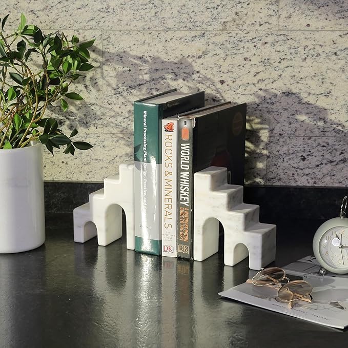 Natural Marble Book Ends for Shelves, Decorative Bookends for Heavy Books, CastleGuard Bookend Book Holder Stopper for Home Office Desk Bookshelf Decoration, Set of 2 (Oriental Calacatta)-Ruum Studio Home