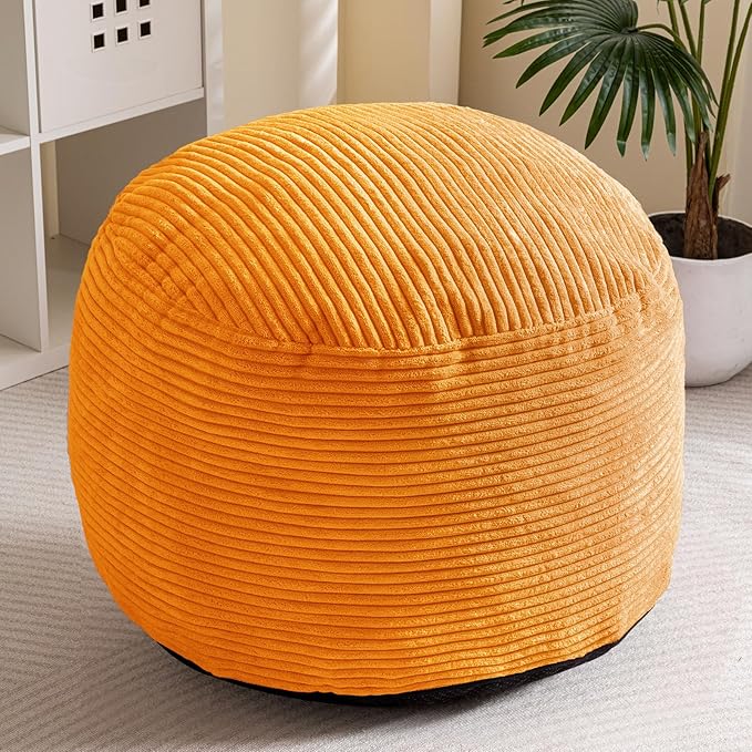 HIGOGOGO Round Stuffed Pouf Ottoman, Corduroy Poufs with Foam Chunk Filling, Furry and Fluffy Pouf Foot Stool Storage Ottoman, 26 X 18 Floor Poufs Foot Rest for Living Room, Orange-Ruum Studio Home