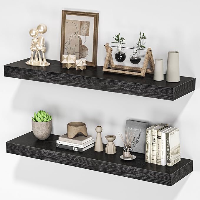 Floating Shelves for Wall, 31.5" W x 6.7" D x 1.5" H, Wooden Wall Mounted Display Shelves with Invisible Brackets for Living Room, Bedroom, Bathroom, Kitchen Decor and Storage, Set of 2, Black-Ruum Studio Home
