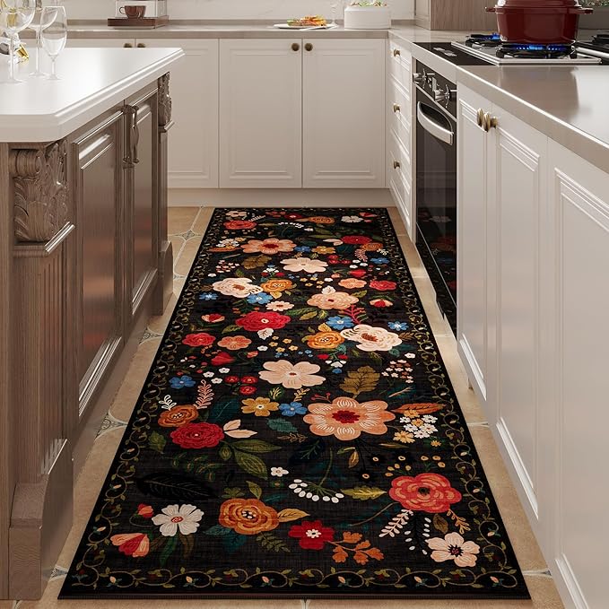 Runner Rug for Hallways Kitchen Rug Non Slip 2'x 6' Washable Runner Rugs with Rubber Backing Soft Floral Carpet Runner for Hallways, Kitchen, Laundry, Bedroom, Bathroom(Black)-Ruum Studio Home