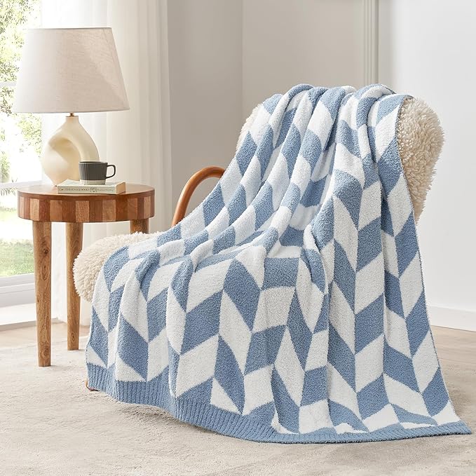 Snuggle Sac Chevron Throw Blanket for Couch, Reversible Super Soft Warm Blankets Cozy Knit Fuzzy Plush Lightweight Throws for Sofa, Bed, Camping, Blue, 50x60 inches-Ruum Studio Home