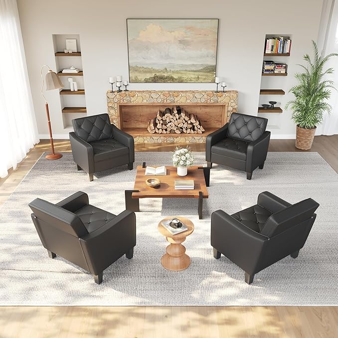 STHOUYN Living Room Chairs Black Leather Accent Chairs Set of 2, Waiting Room Arm Chairs, Reading Chairs for Bedroom Comfy Club Chair Tufted, Office Small Space (2, Black)-Ruum Studio Home