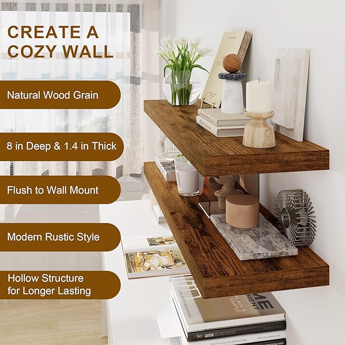 30 Inch Floating Shelves, Rustic Floating Wall Shelves 8 Inch Deep, 30 x 8 Floating Shelves for Home Decor, Deep Storage Shelves for Kitchen, Bathroom, Living Room, Rustic Brown Color, Set of 2-Ruum Studio Home