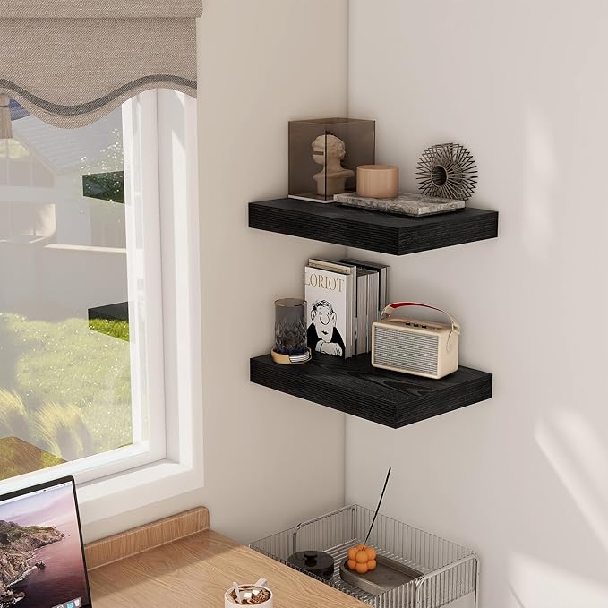 12 Inch Deep Black Floating Shelves, 16 x 12 Floating Shelf for Books, Rustic Wood Deep Wall Shelves for Home Storage & Display, 2" Thicked Shelves for Kitchen, Living Room, Bedroom, 2 Pack-Ruum Studio Home