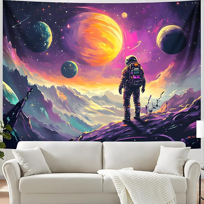 BVBOX Astronaut Space Blacklight Tapestry 79"x59", UV Reactive Astronaut Universe Galaxy Planet Glow in Dark Tapestries, Black Light Neon Upright Poster Wall Hanging Backdrop Decor for Bedroom Living Room-Ruum Studio Home
