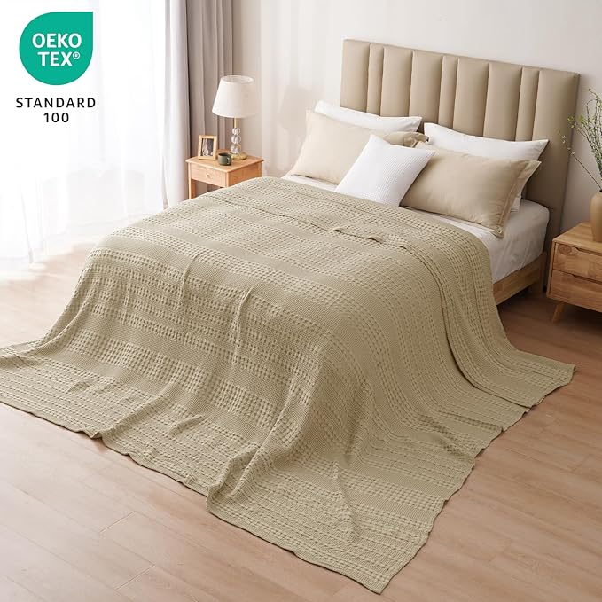 PHF 100% Cotton Waffle Blanket Oversized King 120"x120", Lightweight Breathable Extra Large 10'x10' Summer Blankets for Bed, Giant Big Luxury Aesthetic Woven Bedding for Home Decor, Khaki-Ruum Studio Home