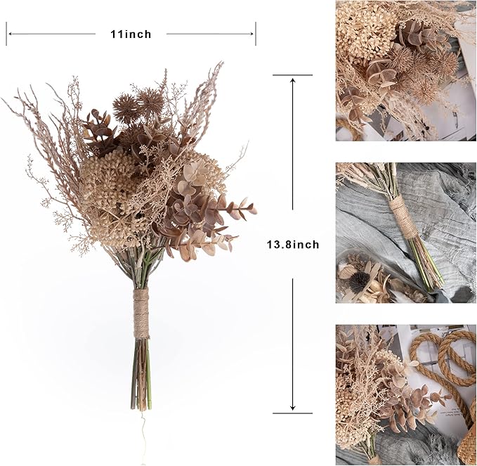 2 Pack Boho Artificial Flowers Plants Bouquet Decoration 13.8inch, Fake Plastic Brown Eucalyptus and Beige Grasses, Faux Floral Arrangement for Wedding Centerpieces Party Home Fall Decor-Ruum Studio Home
