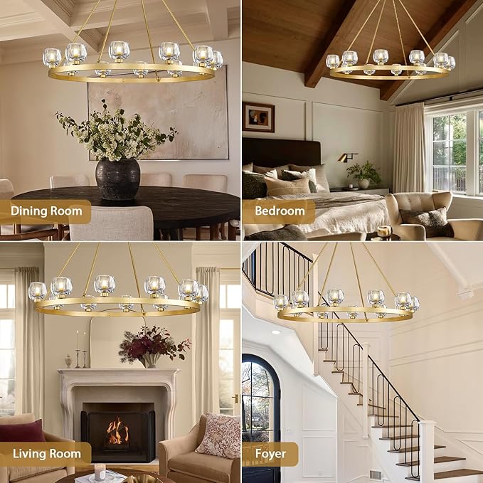 Gold Wagon Wheel Chandelier, 48 Inch Brass Chandeliers with Unique Glass Shade, 12-Light Crystal Large Wagon Wheel Chandeliers for Dining Room, High Ceiling Round Chandelier for Living Room, Foyer-Ruum Studio Home