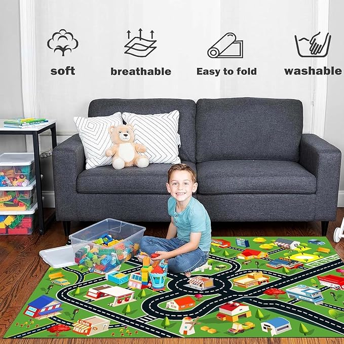 Kids Rug Car Rugs for Kids Toy Cars Play Mat with Rubber Backing City Life Road Rug for Cars Fun City Map for Carpet for Bedroom Boys (RED-Rug, 5.2x7.9ft)-Ruum Studio Home
