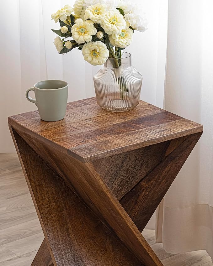 Modern Hand Made One-of-a-Kind Carved Mango Wood End Table, Farmhouse Side Table,Farmhouse End Table,Living Room,Bedroom, Accent Table, Contemporary Architectural Designed Natural-Ruum Studio Home