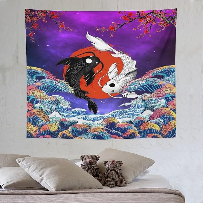 Houselerax Japanese Koi Fish Tapestry, Yin Yang Big Wave Cherry Blossom Tapestries Wall Hanging for Bedroom Living Room Office Decor 60"x50"-Ruum Studio Home