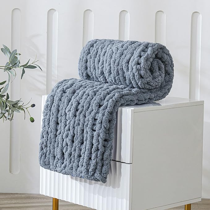 WESHIONGOO Chunky Knit Blanket Throw 40"×40" Knitted Throw Blankets for Couch Bed Fluffy Soft Blanket with Jumbo Chenille Yarn Thick 100% Handmade (Dusty Blue)-Ruum Studio Home