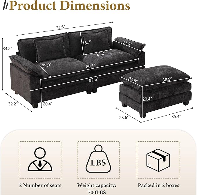URRED Modular Sectional Sofa Comfy Cloud Couch, Modern Chenille Sofa Sleeper Deep Seat Couches with Ottoman/Pillows for Living Room (Black, 82.6''- L Shape)-Ruum Studio Home
