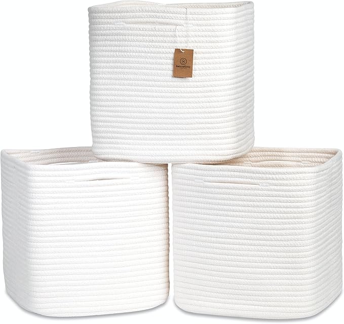 NaturalCozy 13 Inch Cube Storage Bins Cotton Rope Woven Baskets for Organizing 3-Pack | 13 x 13 Storage Cubes | Fabric Square Storage Baskets for Shelves Organizer, Kids Toy Bins, Closet Baby Nursery-Ruum Studio Home