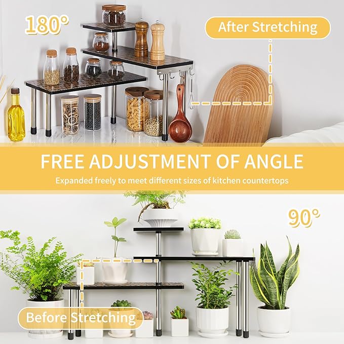 HYNAWIN 3-Tier Countertop Shelf,Desktop Storage and Organization,Bamboo Corner Shelf Over the Table With Printed Pattern-Adjustable Rack with Double Legs for Kitchen,Bed Room, Office-Ruum Studio Home