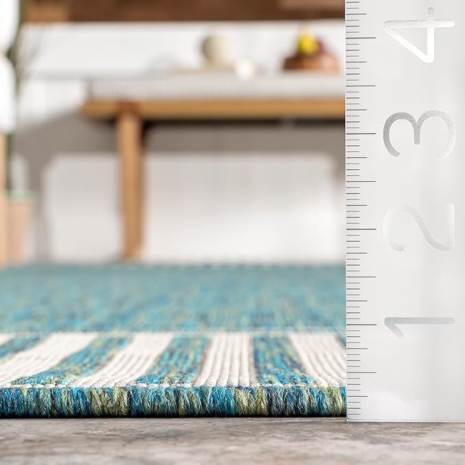 nuLOOM 4' x 6' Outdoor Area Rug, Casual Design With Striped Border, Stain Resistant, Highly Durable, For Patio, Balcony, Bedroom, Living Room, Dining Room, Bathroom, Teal-Ruum Studio Home
