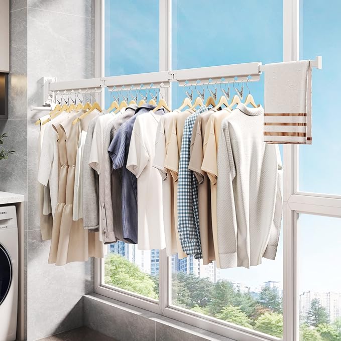 Wall Mounted Clothes Hanger,Clothes Drying Rack,Laundry Rack Wall Mount,Drying Rack Clothing,Clothes Rack Retractable,Collapsible(Tri-Fold), with Windproof Holes & Clips,White Color-Ruum Studio Home