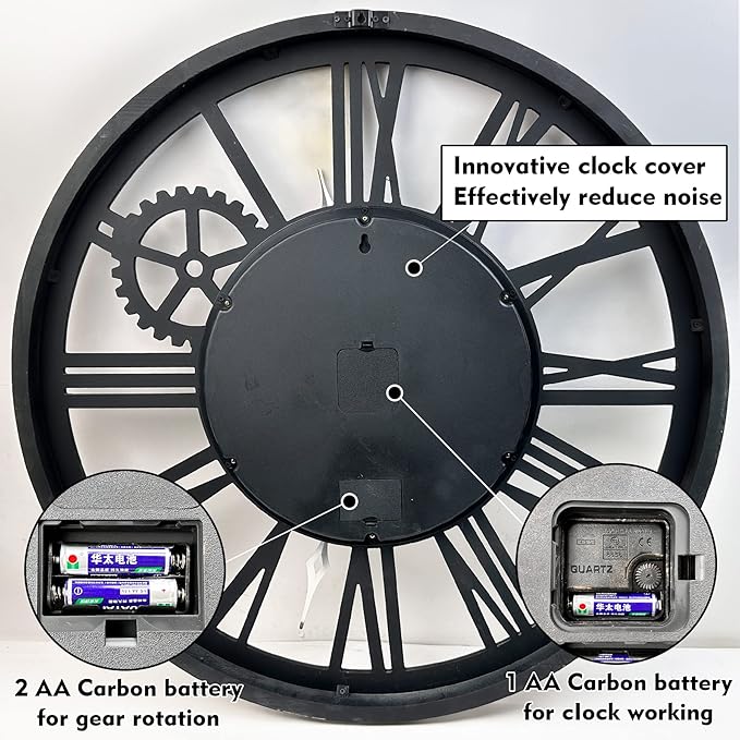 The B-Style Large Real Moving Gears Wall Clock 30 inch Rustic Retro Industrial Farmhouse Wood Clock Oversized Decorative Vintage Wall Clocks for Living Room (Carbon Gray)-Ruum Studio Home