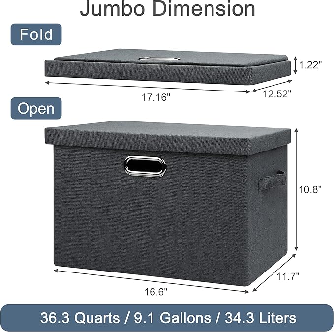 Large 17" 36 Quart Collapsible Stackable Storage Bins with Lids, 3 Packs Dark Gray Foldable Fabric Closet Storage Boxes with Lids, Heavy-duty Linen Cube Baskets(17x12x11)-Ruum Studio Home