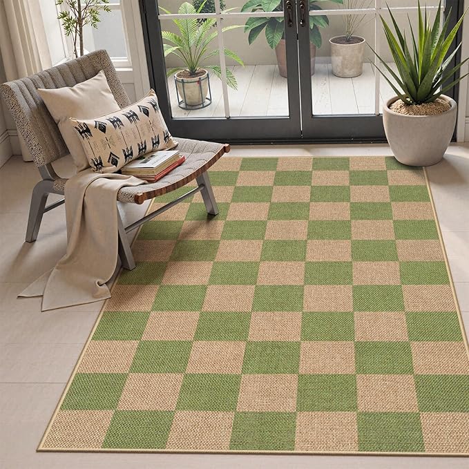 Lahome Checkered 3x5 Washable Rug, Green Easy Jute Rug for Entryway Living Room, Modern Non Slip Non Shedding Indoor Outdoor Carpet for Porch Deck Kitchen-Ruum Studio Home