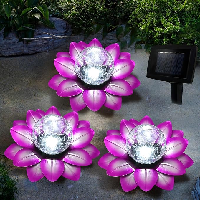 LEWIS&WAYNE Solar Garden Lights Outdoor, 3 Pcs Purple Lotus Flower Pathway Lamps with Cool White Crackle Glass Globe Led Lights for Patio Pathway Yard Balcony Garden Decorations-Ruum Studio Home