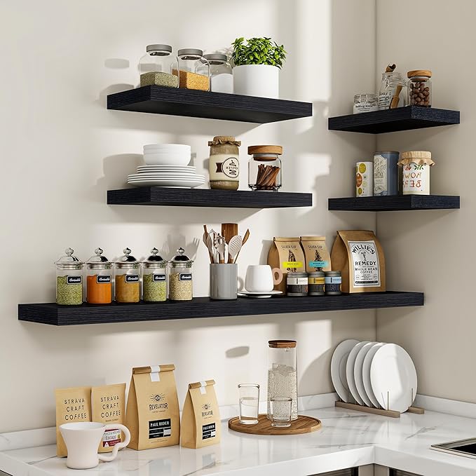 16 Inch Floating Shelves, 16"x9.25"x1.5" Inch Deep Floating Shelves for Wall, Wooden Shelves for Bathroom, Bedroom, Living Room, Black-Ruum Studio Home