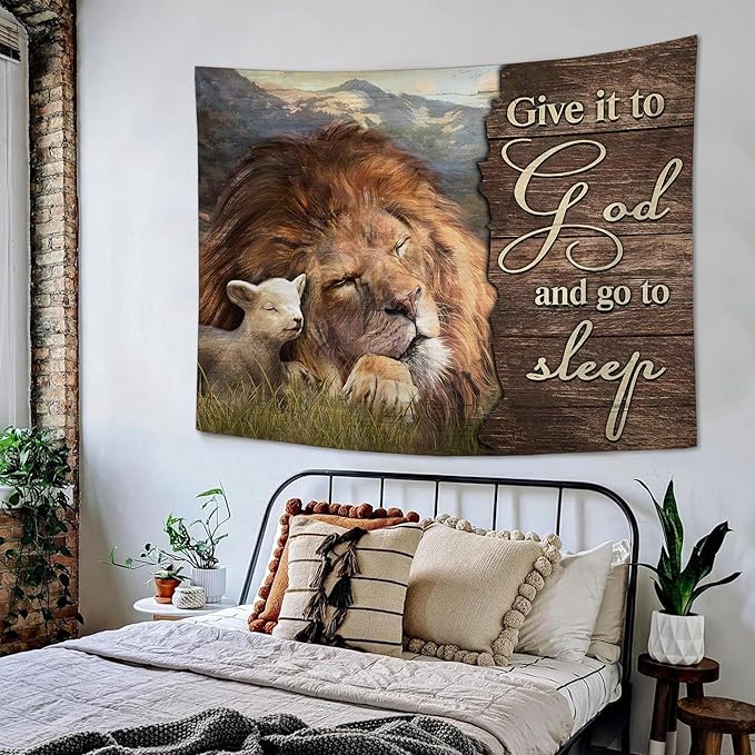 yowecso Lion and Lamb Tapestry Give It To God And Go To Sleep Tapestry Wall Hanging for Bedroom Christian Religious Tapestries Aesthetic Wall Decor for Home Dorm Living Room 50"x60"-Ruum Studio Home